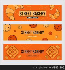 Baking banners set. Biscuits, croissants, cookies vector illustrations with text on orange background. Street bakery, food or pastry concept for flyers and brochures design