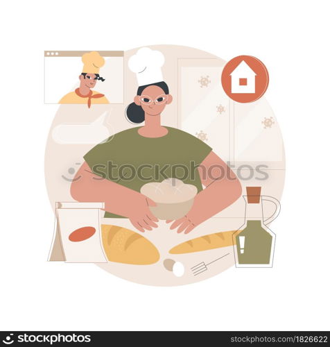 Baking bread abstract concept vector illustration. Quarantine cooking, family recipe, baking yeast, stay at home, social distancing, stress relief, watch video tutorial abstract metaphor.. Baking bread abstract concept vector illustration.