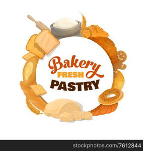 Baking bread, sweet bakery and pastry vector. Cartoon bakery desserts and patisserie croissant and bagel. Wheat and rye flour, dough and scoop, cheesecake ant toasts, gingerbread cookies, rolling pin. Baking bread, sweets and pastry vector