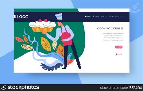 Baking classes cooking courses online web page template vector baker in apron and chef hat and pie with cream top Internet site mockup pastry or bakery food recipes learning or education videolessons. Cooking courses baking classes online web page template