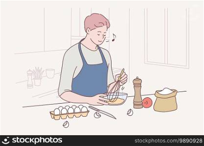 Baking, cooking, making homemade pastry or cake concept. Happy young guy in apron mixing ingredients for cooking dessert, pie or pastry in kitchen at home and singing alone illustration . Baking, cooking, making homemade pastry or cake concept
