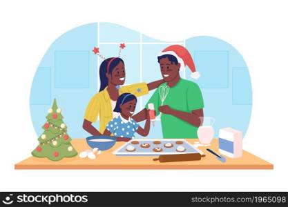 Baking festive cookies 2D vector isolated illustration. Winter season cooking. Preparing for Christmas. Happy family in kitchen flat characters on cartoon background. Wintertime colourful scene. Baking festive cookies 2D vector isolated illustration