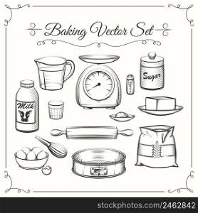 Baking food ingredients and kitchen tools in hand drawn vector style. Food cooking pastry, sieve and scales, flour and sugar illustration. Baking food ingredients and kitchen tools in hand drawn vector style