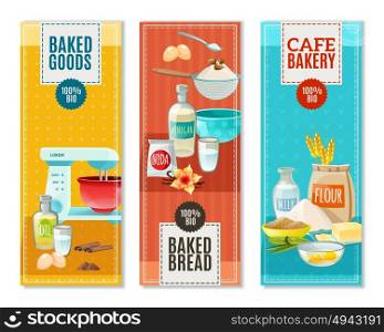 Baking Ingredients Banners. Colorful flat vertical banners set for cafe bakery with baking ingredients isolated vector illustration