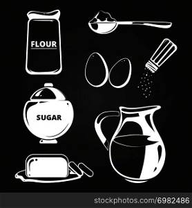 Baking ingredients collection on chalkboard. Collection of ingredients for cook, vector illustration. Baking ingredients collection on chalkboard