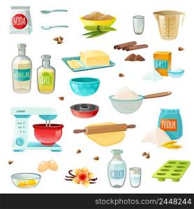 Baking ingredients colored isolated icons set with flour sugar salt butter eggs milk cinnamon vanilla vector illustration. Baking Ingredients Colored Icons