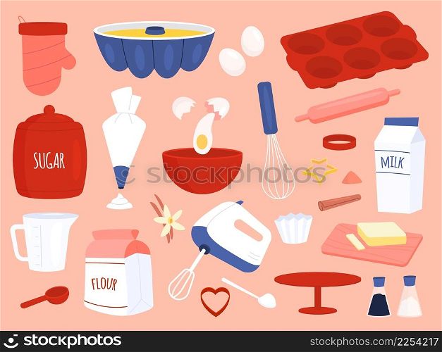Baking ingredients. Flat kitchen utensil and food products. Pastry cooking, flour and sugar. Eggs, butter and milk, different cake and cupcake mold, homemade confectionery, vector cartoon isolated set. Baking ingredients. Flat kitchen utensil and food products. Pastry cooking, flour and sugar. Eggs, butter and milk, different cupcake mold, homemade confectionery, vector cartoon isolated set