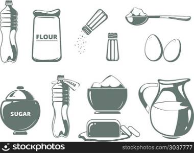 Baking ingredients monochrome vector set. Baking ingredients monochrome vector set. Ingredient for cooking, illustration butter and flour for baking