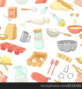 Baking ingredients seamless pattern. Cooking tools, accessories and cook equipment. Oil, pan, flour bag and eggs. Neat kitchen vector texture. Illustration of cooking recipe and bakery. Baking ingredients seamless pattern. Cooking tools, accessories and cook equipment. Oil, pan, flour bag and eggs. Neat kitchen vector texture