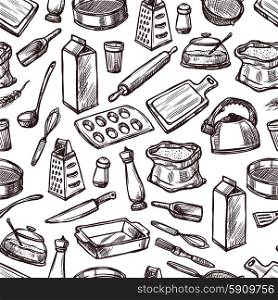 Baking seamless pattern with sketch kitchen equipment and tools vector illustration. Baking Seamless Pattern