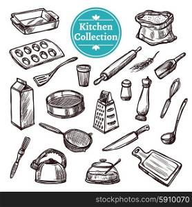 Baking stuff and retro kitchen equipment hand drawn set isolated vector illustration. Baking Stuff Set