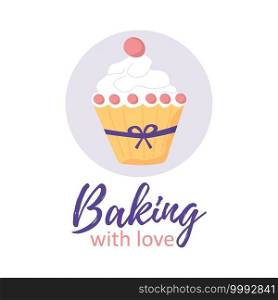 Baking with Love card with cute cupcake. Vector yummy muffin silhouette. Template bakery card background. Sweet cake illustration in flat modern style