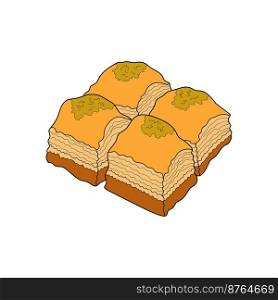 Baklava is a layered pastry dessert. Bulgarian traditional food. Vector hand-drawn illustration. Design element for menu cafe, bistro, restaurant.. Baklava is a layered pastry dessert. Bulgarian traditional food. Vector hand-drawn illustration. Design element for menu cafe, bistro, restaurant