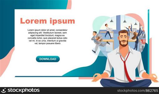 Balance and Stress Relief in Work Cartoon Vector Horizontal Web Banner or Landing Page Template with Businessman or Office Worker Meditating with Closed Eyes at Workplace in Noisy Office Illustration