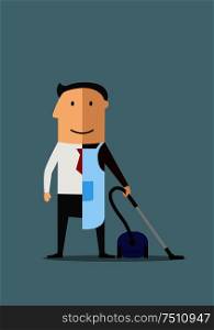 Balance between business and personal life concept. Cartoon smiling businessman in suit and necktie on the left and in apron with vacuum cleaner on the right