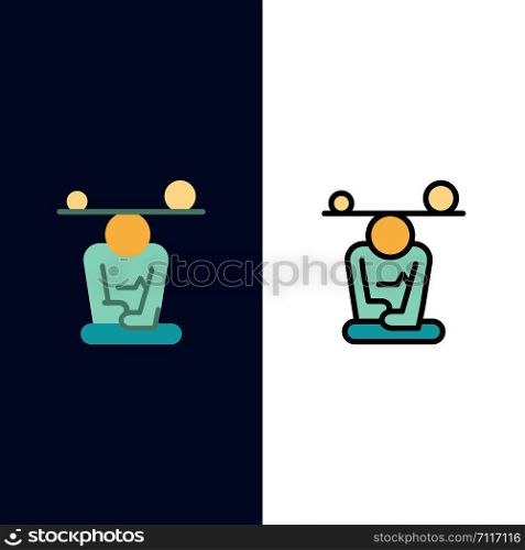 Balance, Concentration, Meditation, Mind, Mindfulness Icons. Flat and Line Filled Icon Set Vector Blue Background