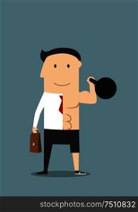 Balance of healthy lifestyle and business concept. Successful businessman with briefcase on the one side and healthy athlete with kettlebell on another side. Healthy lifestyle and work balance concept