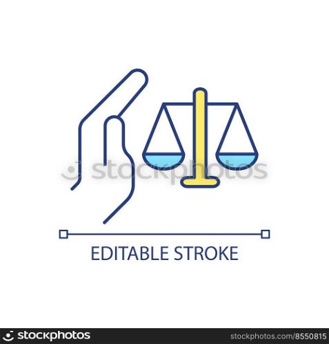 Balance protection RGB color icon. Scale and palm. Guarantee of harmony. Legal regulation. Isolated vector illustration. Simple filled line drawing. Editable stroke. Arial font used. Balance protection RGB color icon