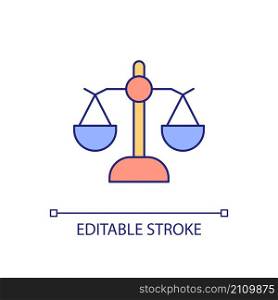 Balance RGB color icon. Justice and fairness metaphor. Trial and punishment symbol. Weight scales. Isolated vector illustration. Simple filled line drawing. Editable stroke. Arial font used. Balance RGB color icon
