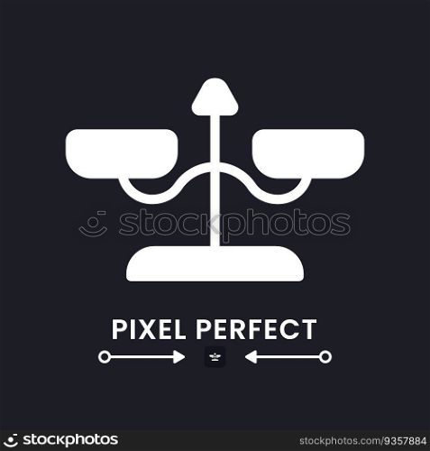 Balance scales white solid desktop icon. Weight measuring device. Court justice. Equality symbol. Pixel perfect, outline 4px. Silhouette symbol for dark mode. Glyph pictogram. Vector isolated image. Balance scales white solid desktop icon
