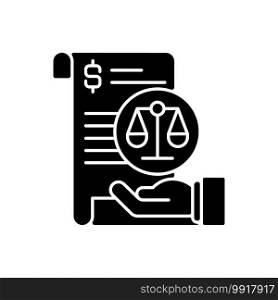 Balance sheet black glyph icon. Financial statement that reports about company money assets and business shareholders equities. Silhouette symbol on white space. Vector isolated illustration. Balance sheet black glyph icon