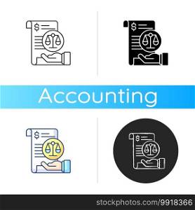 Balance sheet icon. Financial statement that reports about company money assets and business shareholders equities. Linear black and RGB color styles. Isolated vector illustrations. Balance sheet icon