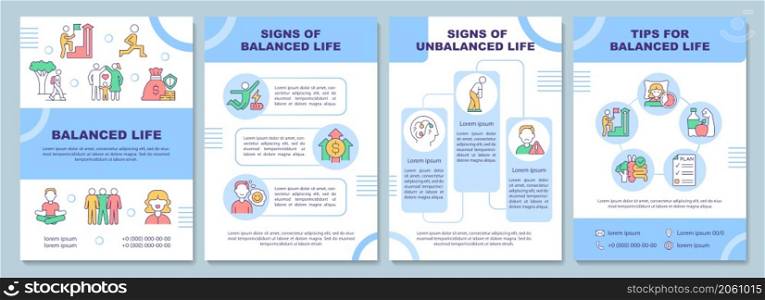Balanced and unbalanced life blue brochure template. Life tips. Booklet print design with linear icons. Vector layouts for presentation, annual reports, ads. Arial-Black, Myriad Pro-Regular fonts used. Balanced and unbalanced life blue brochure template