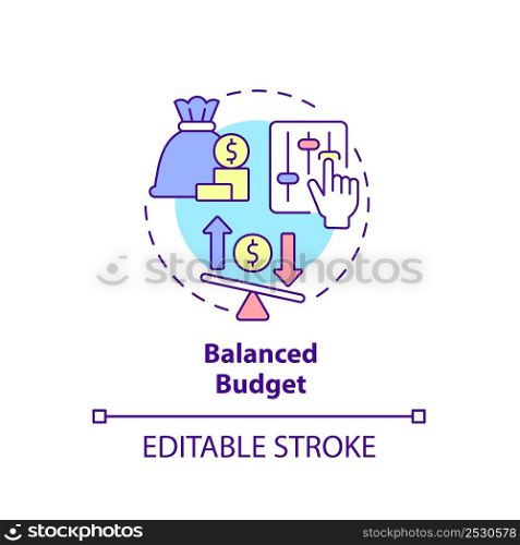 Balanced budget concept icon. Income equals expenditures. Budgeting classification abstract idea thin line illustration. Isolated outline drawing. Editable stroke. Arial, Myriad Pro-Bold fonts used. Balanced budget concept icon