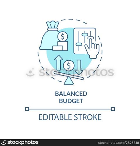 Balanced budget turquoise concept icon. Income equals expenditures. Budgeting abstract idea thin line illustration. Isolated outline drawing. Editable stroke. Arial, Myriad Pro-Bold fonts used. Balanced budget turquoise concept icon
