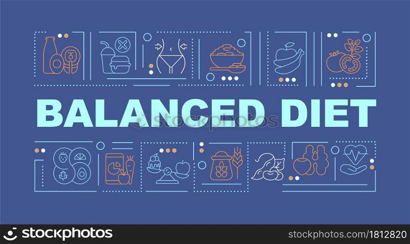 Balanced diet blue word concepts banner. Products rich in nutrients. Infographics with linear icons on blue background. Isolated creative typography. Vector outline color illustration with text. Balanced diet blue word concepts banner