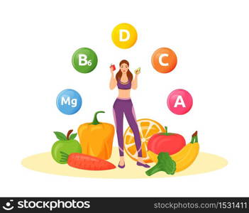 Balanced diet flat concept vector illustration. Womens healthy nutrition 2D cartoon character for web design. Fruits and vegetables for active lifestyle. Vitamins C, D, A, B6 creative idea. Balanced diet flat concept vector illustration