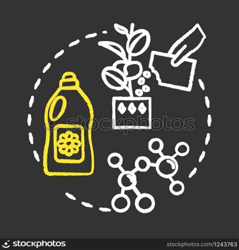 Balanced fertilizer chalk RGB color concept icon. Growing houseplants idea. Indoor flowers caring. Home gardening. Vector isolated chalkboard illustration on black background