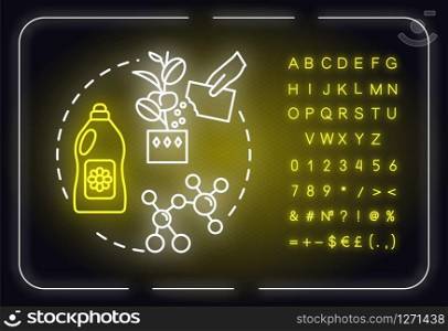 Balanced fertilizer neon light concept icon. Growing houseplants idea. Flowers caring. Home gardening. Outer glowing sign with alphabet, numbers and symbols. Vector isolated RGB color illustration