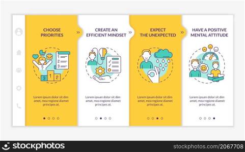 Balanced life tips yellow and orange onboarding template. Selfcare benefits. Responsive mobile website with linear concept icons. Web page walkthrough 4 step screens. Lato-Bold, Regular fonts used. Balanced life tips yellow and orange onboarding template