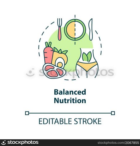 Balanced nutrition concept icon. Fitness and healthcare lifestyle diet abstract idea thin line illustration. Isolated outline drawing. Editable stroke. Roboto-Medium, Myriad Pro-Bold fonts used. Balanced nutrition concept icon