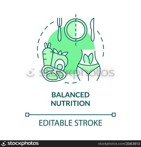 Balanced nutrition green concept icon. Fitness and healthcare diet abstract idea thin line illustration. Isolated outline drawing. Editable stroke. Roboto-Medium, Myriad Pro-Bold fonts used. Balanced nutrition green concept icon