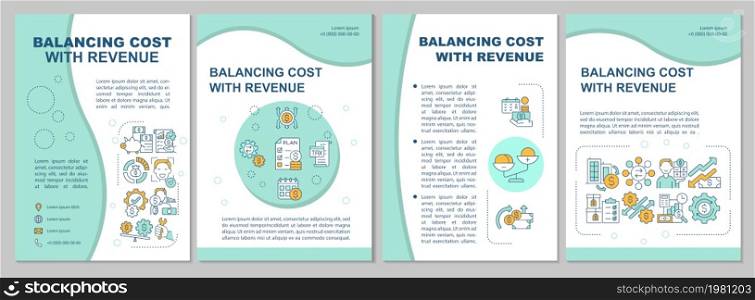 Balancing cost with revenue mint brochure template. Operation management. Flyer, booklet, leaflet print, cover design with icons. Vector layouts for presentation, annual reports, advertisement pages. Balancing cost with revenue mint brochure template
