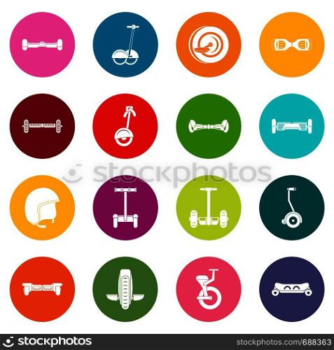Balancing scooter icons many colors set isolated on white for digital marketing. Balancing scooter icons many colors set