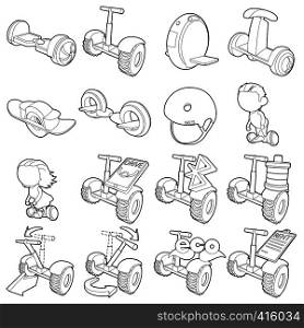 Balancing scooter icons set. Outline illustration of 16 balancing scooter vector icons for web. Balancing scooter icons set, outline style