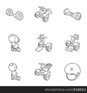 Balancing scooter icons set. Outline set of 9 balancing scooter vector icons for web isolated on white background. Balancing scooter icons set, outline style