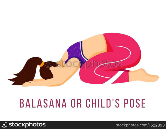 Balasana flat vector illustration. Child&rsquo;s pose. Caucausian woman performing yoga posture in pink and purple sportswear. Workout. Physical exercise. Isolated cartoon character on white background