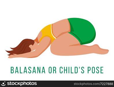 Balasana flat vector illustration. Child&rsquo;s pose. Caucausian woman performing yoga posture in green and yellow sportswear. Workout. Physical exercise. Isolated cartoon character on white background. Balasana flat vector illustration