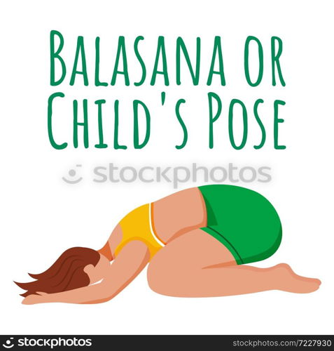 Balasana social media post mockup. Child&rsquo;s pose. Caucausian woman doing yoga posture. Web banner design template. Social media booster, content layout. Poster, printable card with flat illustrations. Balasana social media post mockup