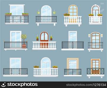Balconies of house or apartment building vector design of architecture elements. Home facade balconies with windows, doors and railings, iron and stone balustrades with glass, flower cachepots, lamps. House and apartment building balconies
