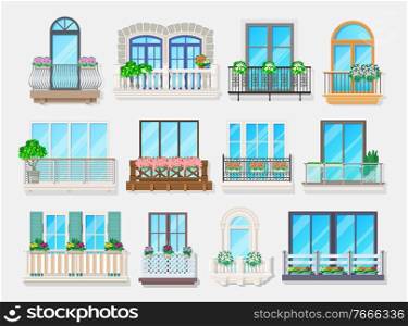 Balconies with windows vector design of house and apartment building facade architecture element. Home exterior with balconies, glass doors, metal banisters or railings, stone balustrades, consoles. Balconies and windows of house, apartment building