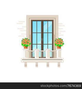 Balcony and window, house building facade porch banister, vector flat icon. Apartment or mansion, veranda balcony with stone fence and flowers on railings, classic modern or vintage balcony window. Balcony window, house building porch banister
