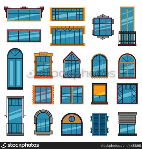 Balcony and wooden or plastic windows with glass. Architectural illustrations set in flat style. Vector collection of windows architecture exterior. Balcony and wooden or plastic windows with glass. Architectural illustrations set in flat style