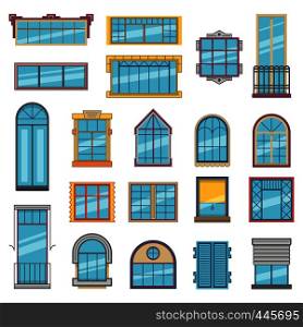 Balcony and wooden or plastic windows with glass. Architectural illustrations set in flat style. Vector collection of windows architecture exterior. Balcony and wooden or plastic windows with glass. Architectural illustrations set in flat style
