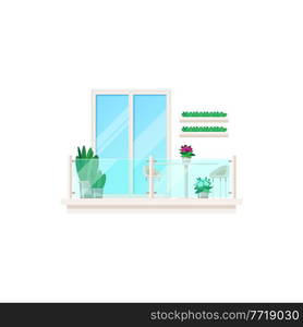 Balcony, architecture exterior of house building, vector glass door and window facade front. Glass balcony of modern house building with flower plants, urban apartments or mansion patio flat icon. Balcony, architecture exterior of house building