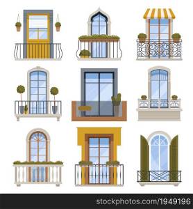 Balcony decor. Building wall front view facade with modern balcony vector architecture illustrations. Facade balcony, building decoration exterior outdoor view. Balcony decor. Building wall front view facade with modern balcony vector architecture illustrations